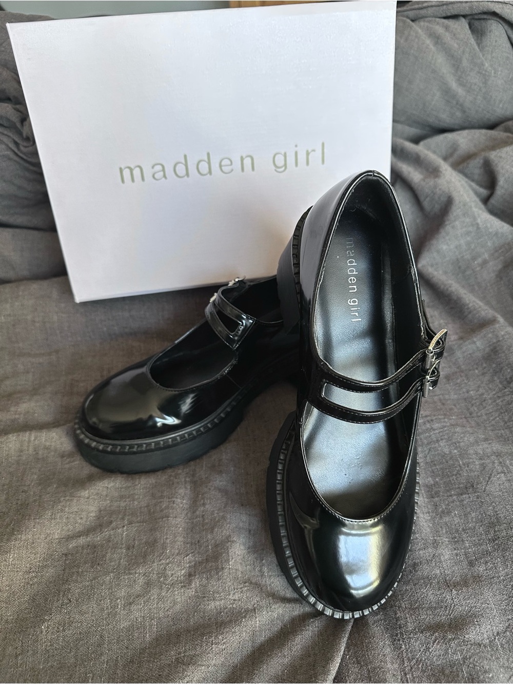 Madden Girl Black Patent Double-Buckle Mary Jane Chunky Loafers - Picture 2 of 11